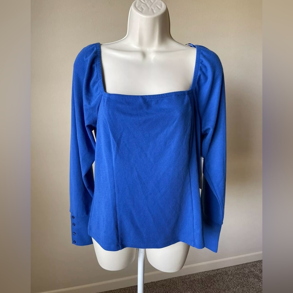 Treasure Bond Women’s Blue Long Sleeve Slim Square Neck Soft Blouse s L